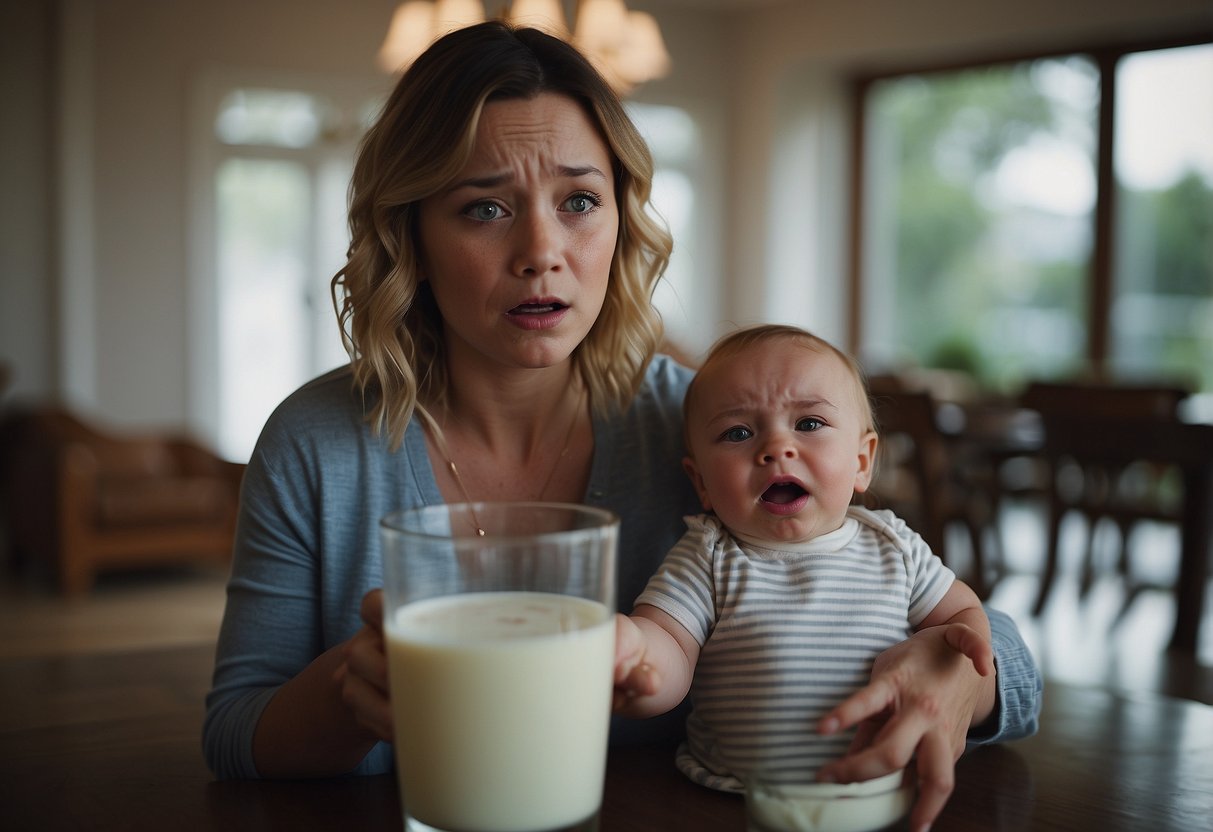 A mother struggles with milk letdown, her tense expression evident. A baby cries in the background, adding to the stress of breastfeeding