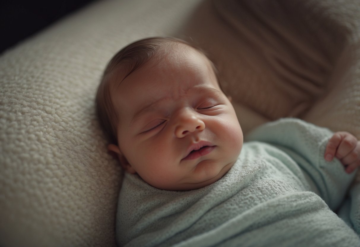 A newborn is peacefully nursing, with a relaxed body and rhythmic sucking motions. The mother is comfortably positioned, with good latch and audible swallowing sounds