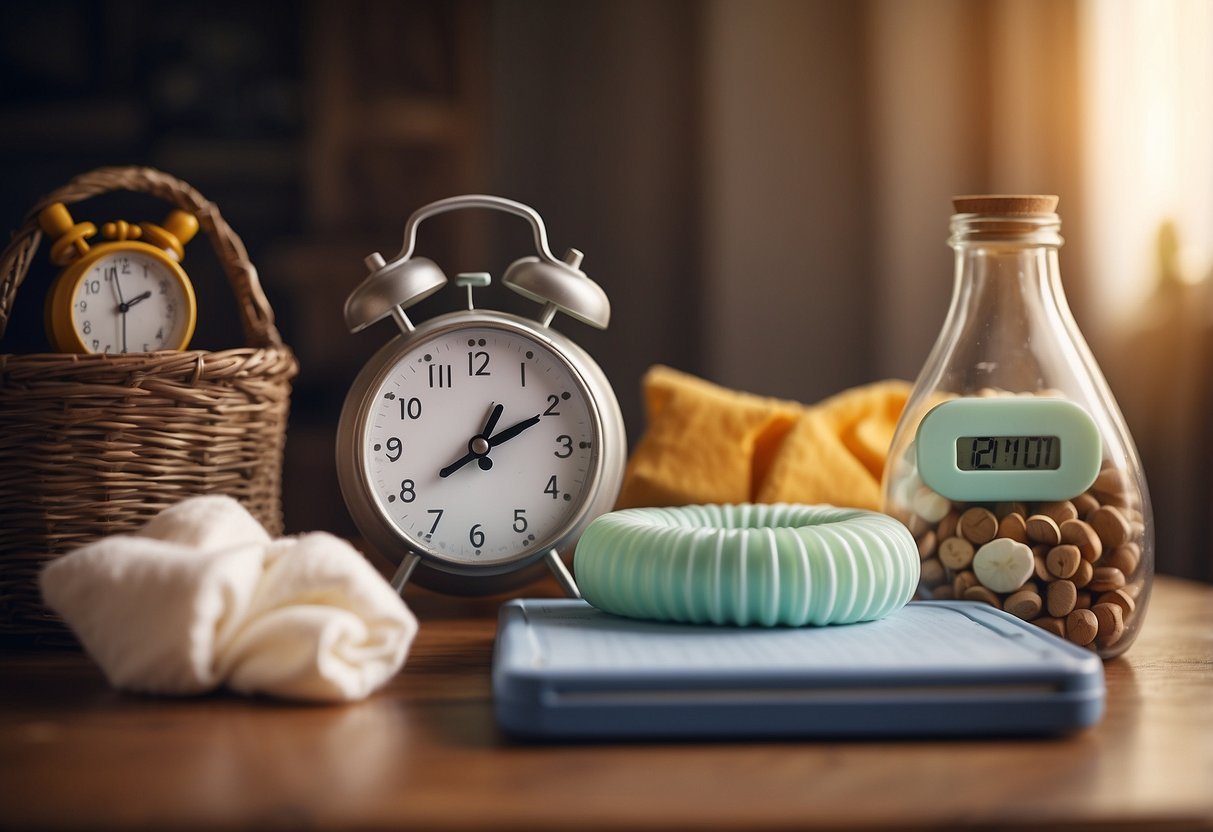 A baby's crib with a bottle, pacifier, and diaper nearby. A clock shows feeding times. A notebook with feeding logs and a scale for weighing the baby