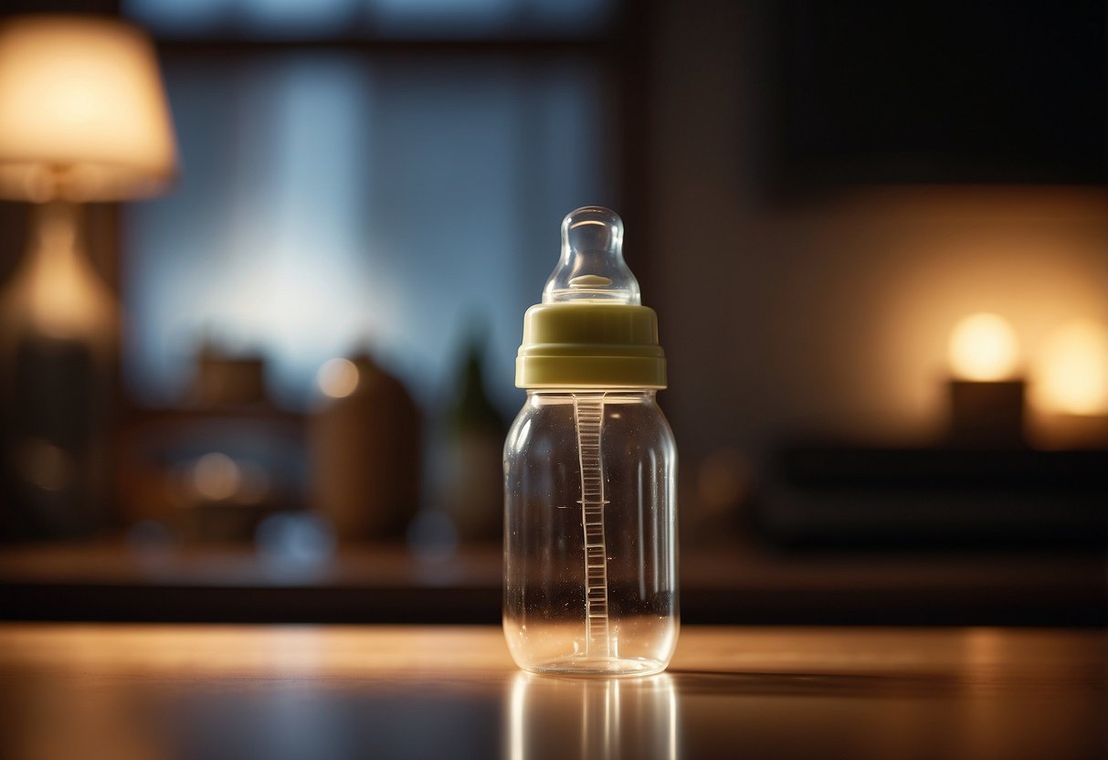 A baby bottle sits on a clean, clutter-free surface. A warm, inviting atmosphere is suggested through soft lighting and cozy surroundings