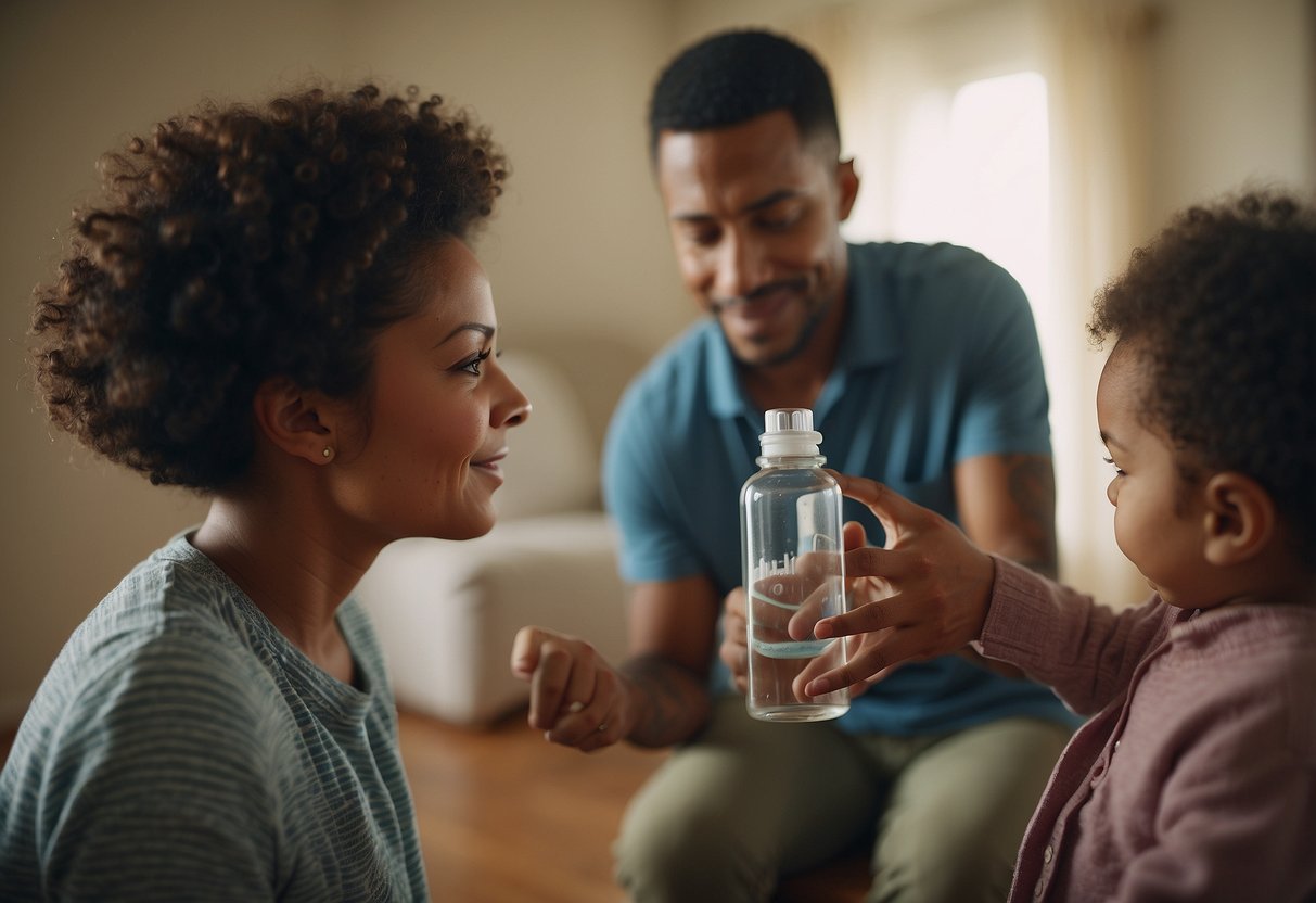 A caregiver holds out a bottle as a baby looks on with curiosity, creating a sense of anticipation and openness to trying something new