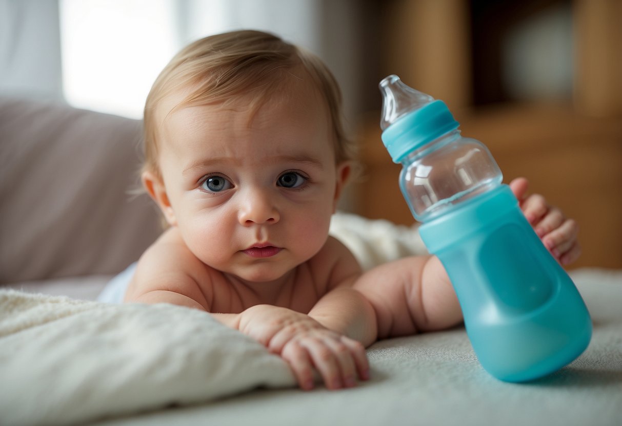 A baby bottle held at an angle while a breastfeeding position is mimicked. A curious and attentive baby gazes at the bottle, showing interest and willingness to try