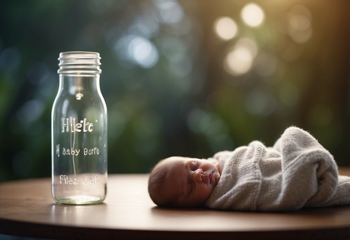 A baby bottle sits on a table next to a peaceful, sleeping infant. A calm and patient atmosphere surrounds the scene