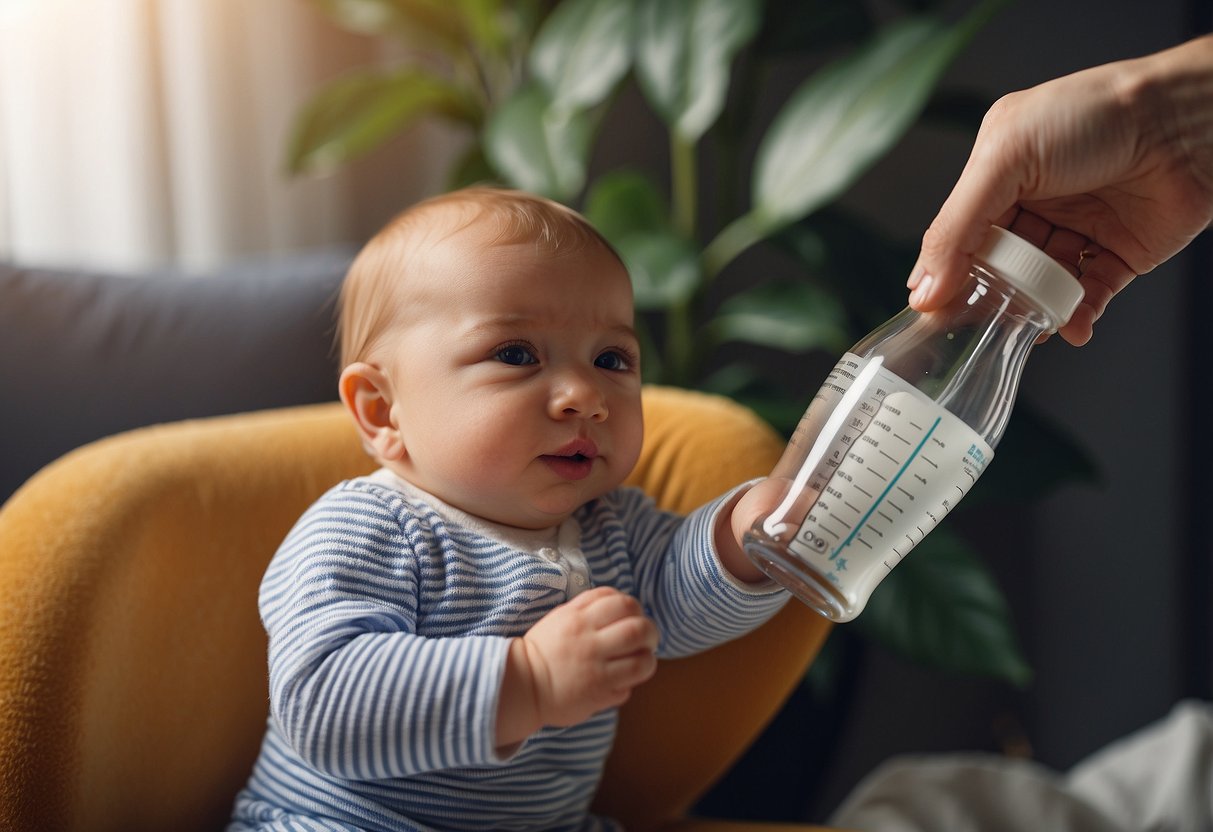 A hand reaches for a baby bottle, a thermometer reads the temperature. Formula feeding tips are listed in the background