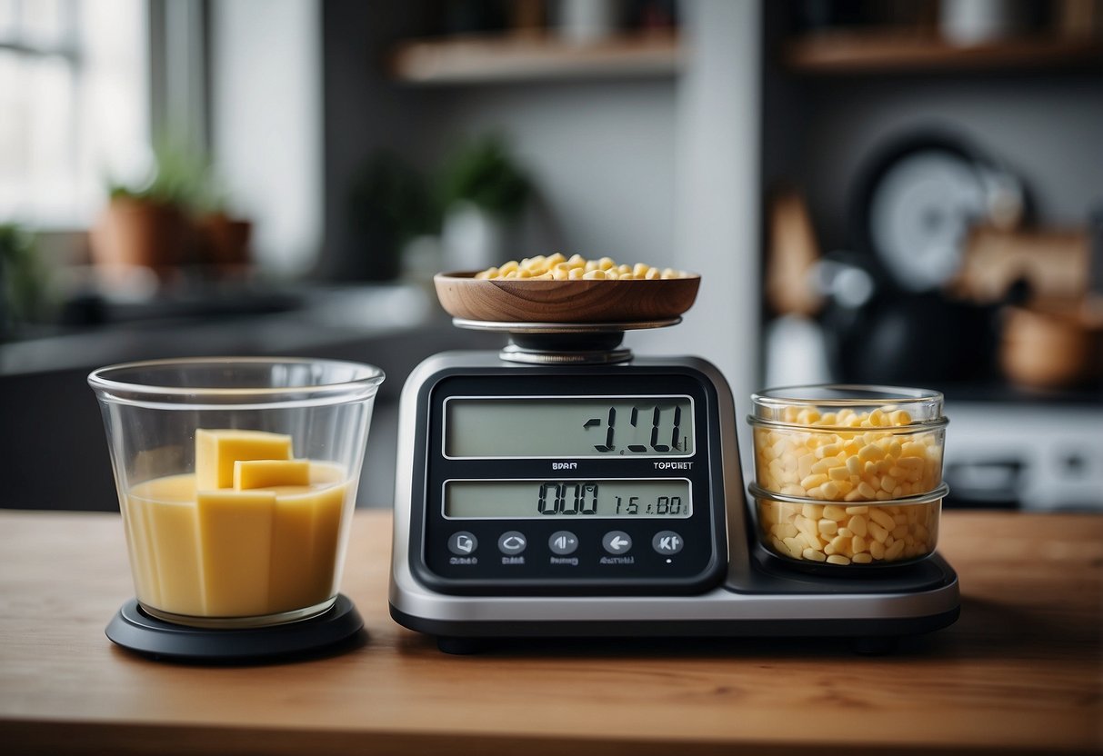 A digital scale displaying a baby's weight. A stack of formula feeding tips beside it