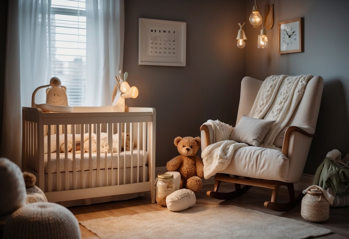 A cozy nursery with a rocking chair and a soft, warm blanket. A clock on the wall shows feeding times. Bottles and baby food are neatly organized on a shelf