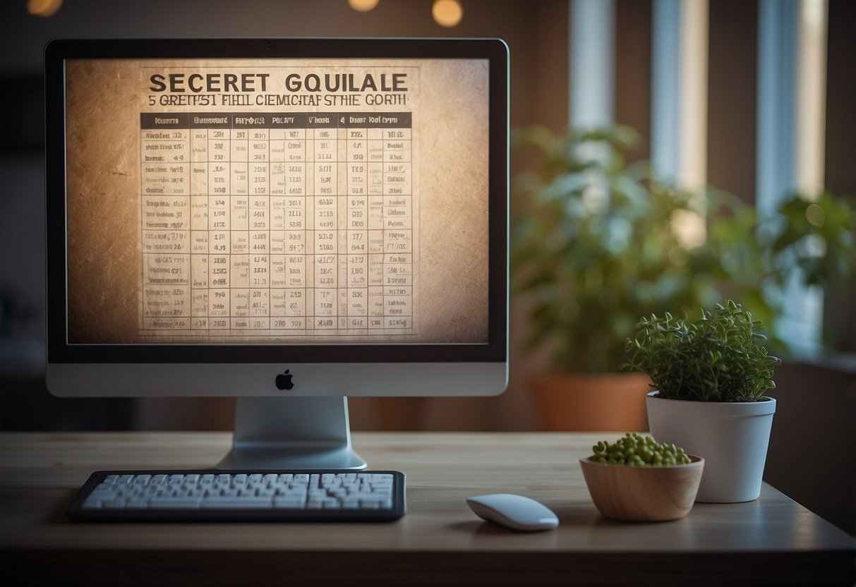 A baby's growth chart displayed on a monitor, surrounded by a feeding schedule with "7 secrets" written on a piece of paper