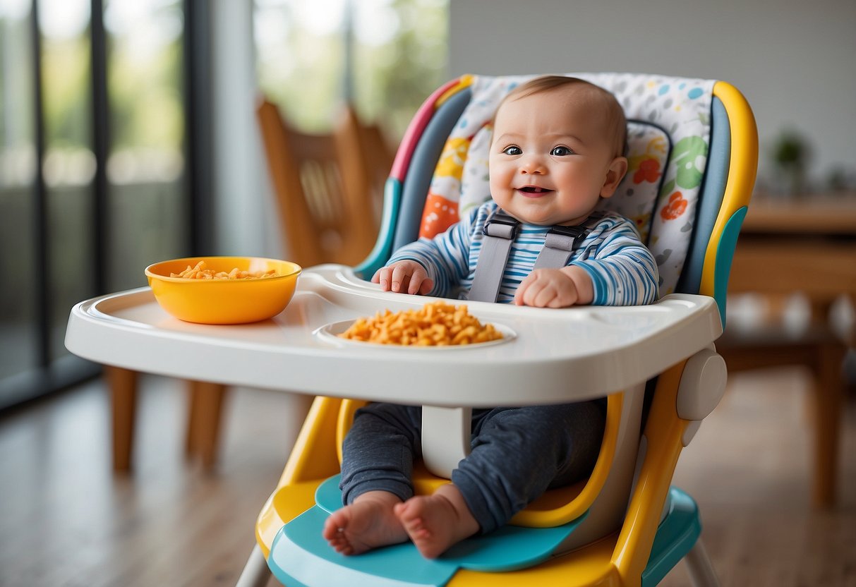 A high chair with a colorful, spill-proof feeding tray. A stack of bibs and baby utensils nearby. A clock on the wall showing feeding times