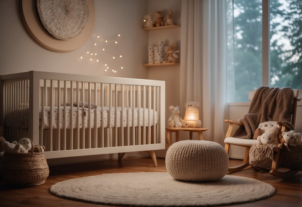 A peaceful nursery with soft, dim lighting. A cozy crib with a gentle rocking motion. White noise machine in the background. A soothing essential oil diffuser