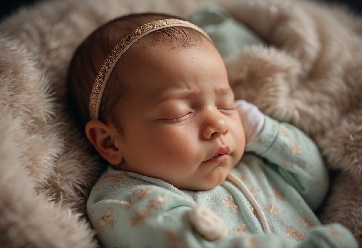 A sleeping baby surrounded by the Baby Shusher Sleep Miracle Soother and other newborn sleep aids