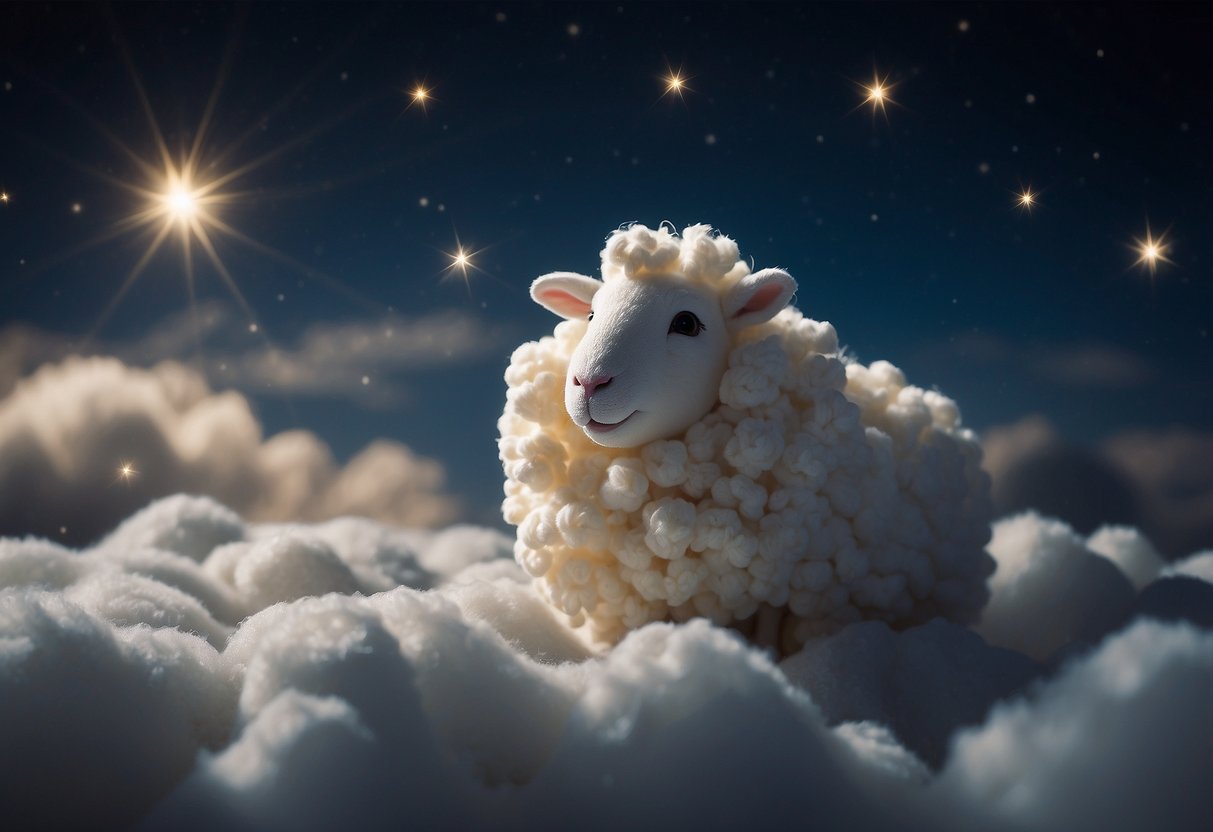 A fluffy white sheep toy surrounded by soft, billowing clouds, with a peaceful nighttime sky in the background