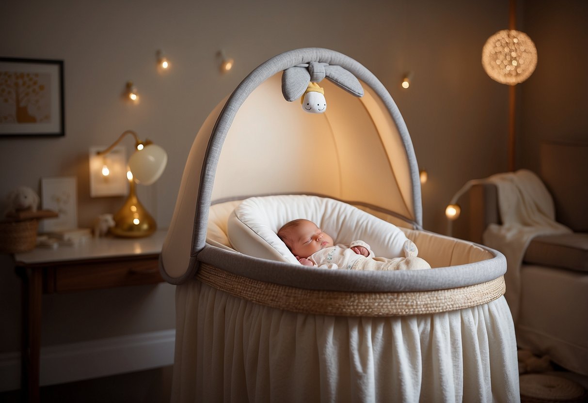 The SNOO Smart Sleeper Bassinet sits in a cozy nursery, surrounded by soft blankets and a gentle night light. A peaceful newborn sleeps soundly, while the parents finally get some much-needed rest