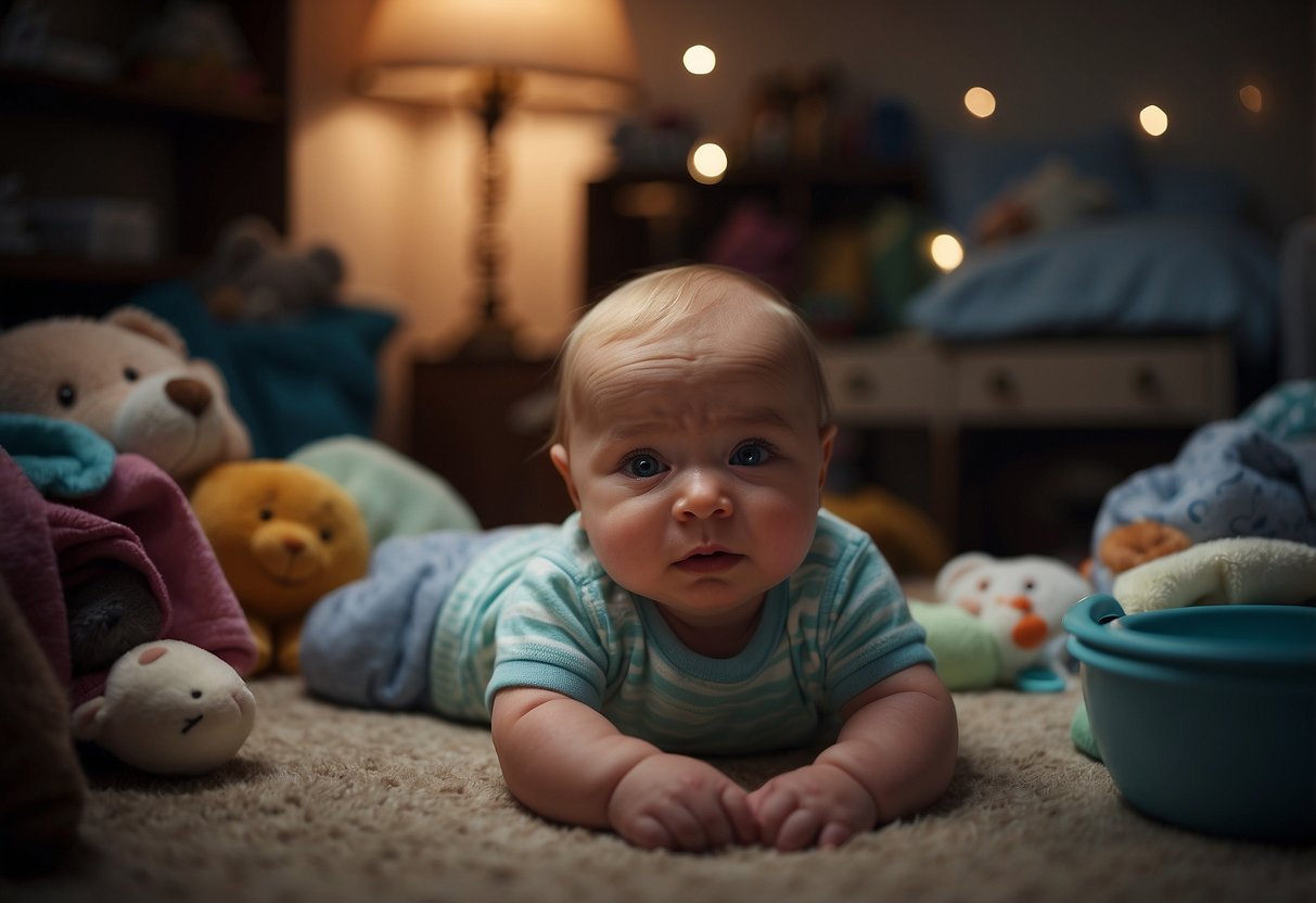 A crying baby in a dimly lit room, surrounded by cluttered baby items. A clock on the wall shows the time as 3 AM. A tired parent sits in the background, trying to soothe the baby