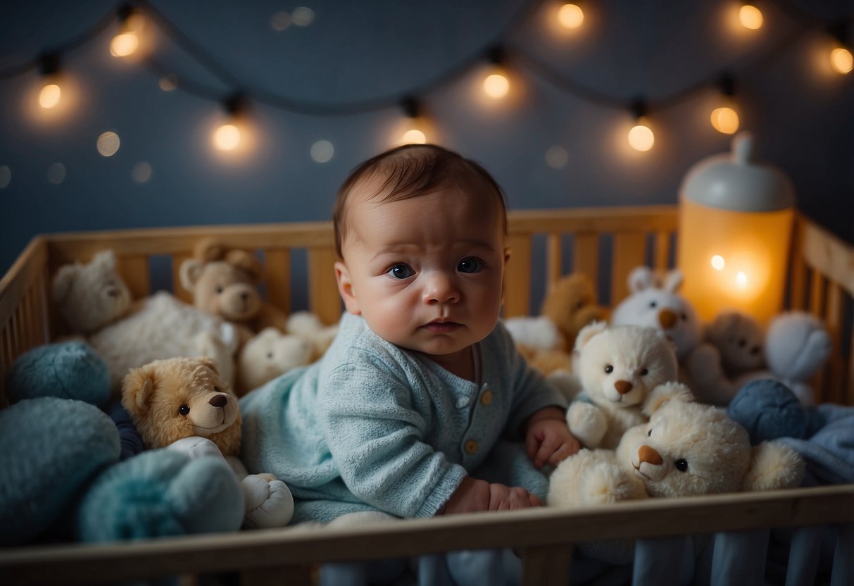 A newborn lies awake in a dimly lit nursery, surrounded by various baby items. Bright lights from outside the window cast a soft glow, creating a peaceful yet awake atmosphere