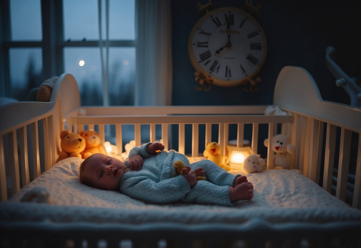 A dimly lit nursery with a restless newborn in a crib, surrounded by baby items and a clock showing late evening