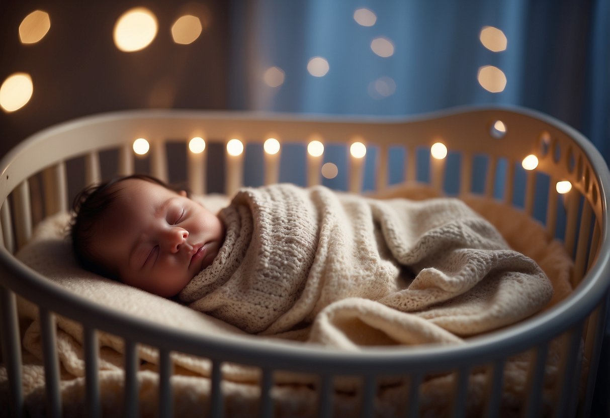 A peaceful newborn sleeps soundly in a cozy crib, surrounded by soft blankets and soothing music playing in the background. A gentle nightlight casts a warm glow, creating a serene and calming atmosphere for the baby