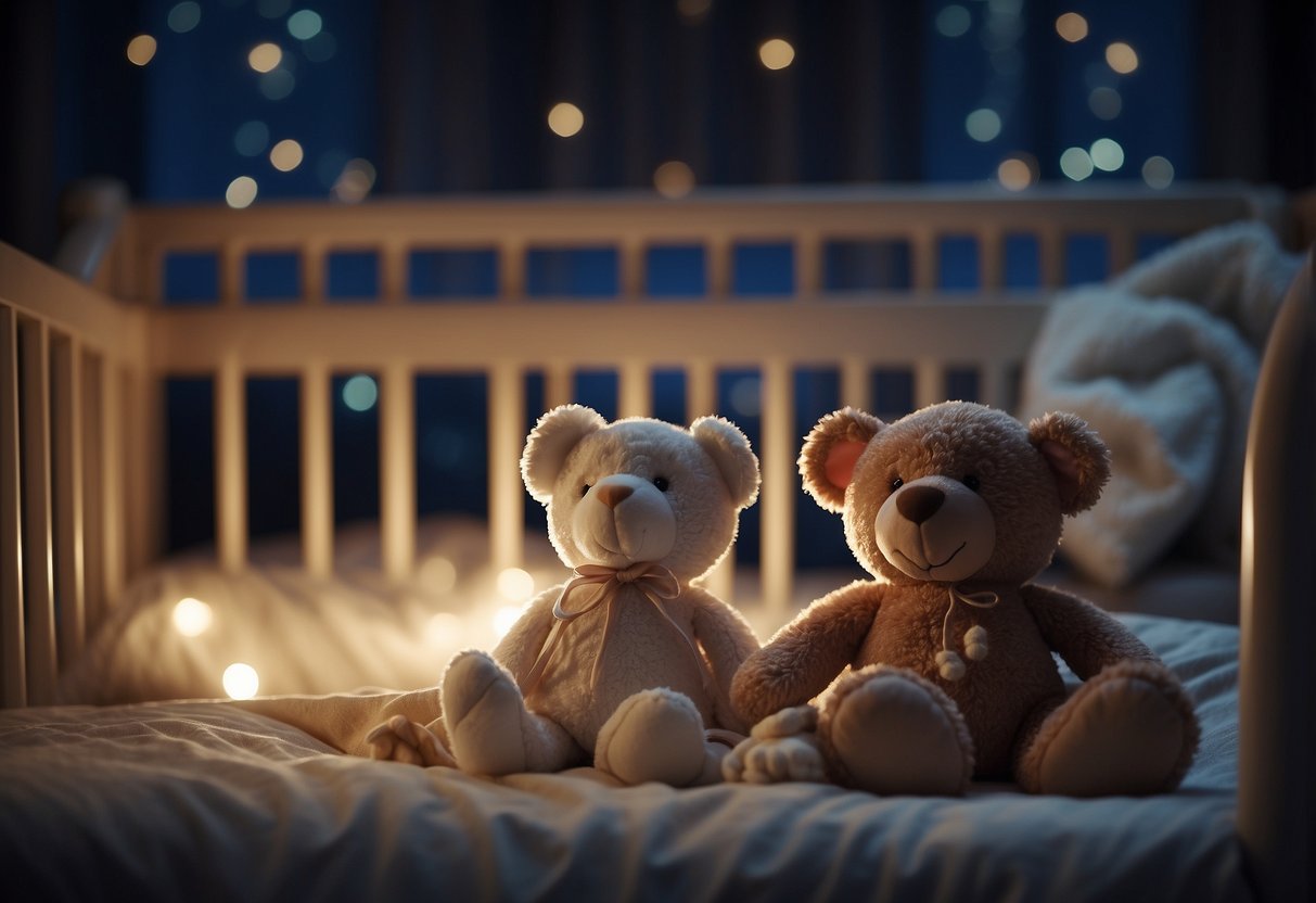 A baby's crib with a soft blanket, a pacifier, and a small stuffed animal. A dim nightlight casts a gentle glow, creating a peaceful and calming atmosphere