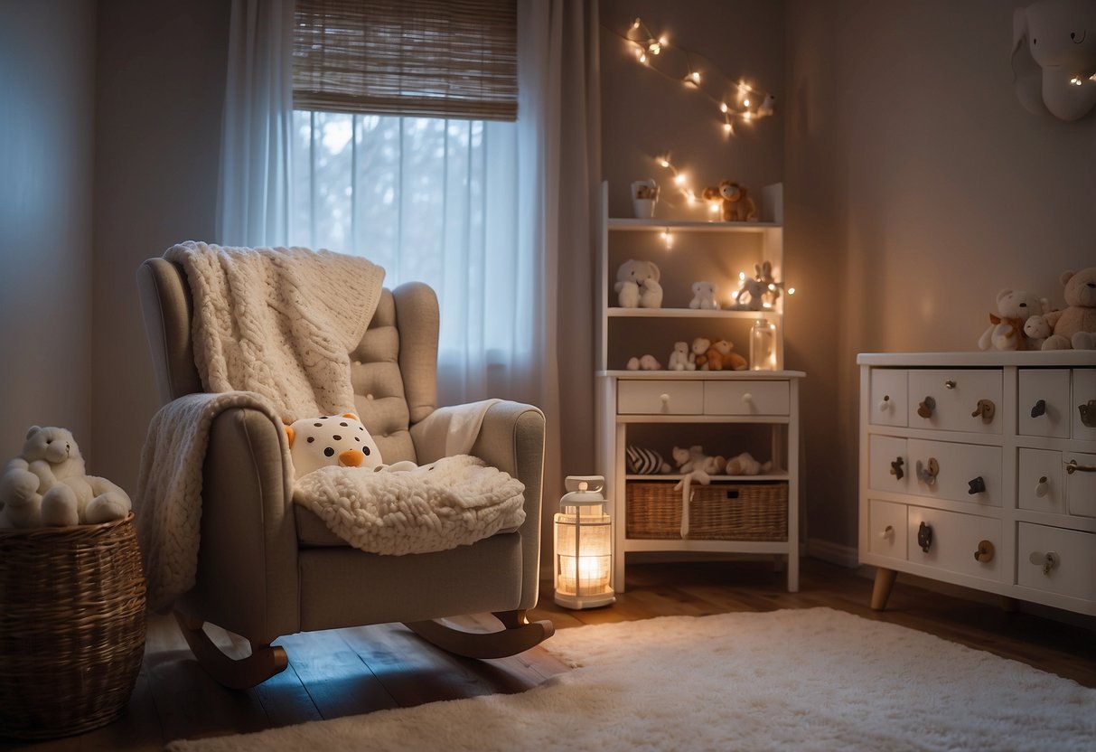 A cozy nursery with a rocking chair, soft blankets, and a dim nightlight. A white noise machine hums in the background, creating a soothing atmosphere for a sleeping newborn