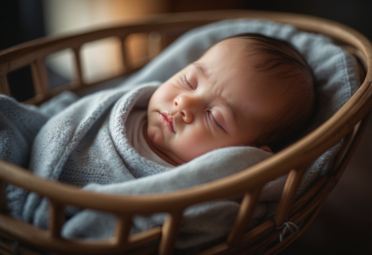 A baby nestled in a rocking cradle, eyes peacefully closed, surrounded by a calming atmosphere