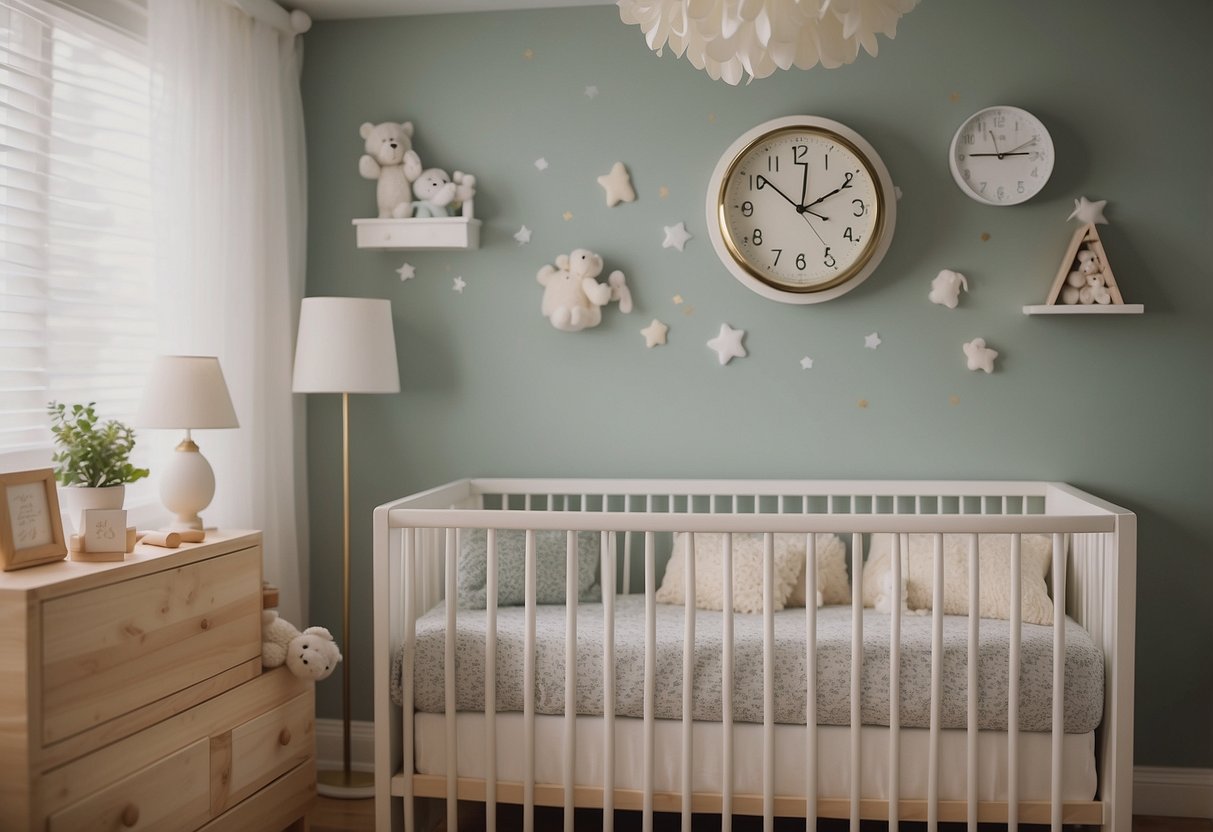 A clock with hands pointing to 8 and a baby sleeping peacefully in a crib, surrounded by a serene and organized nursery