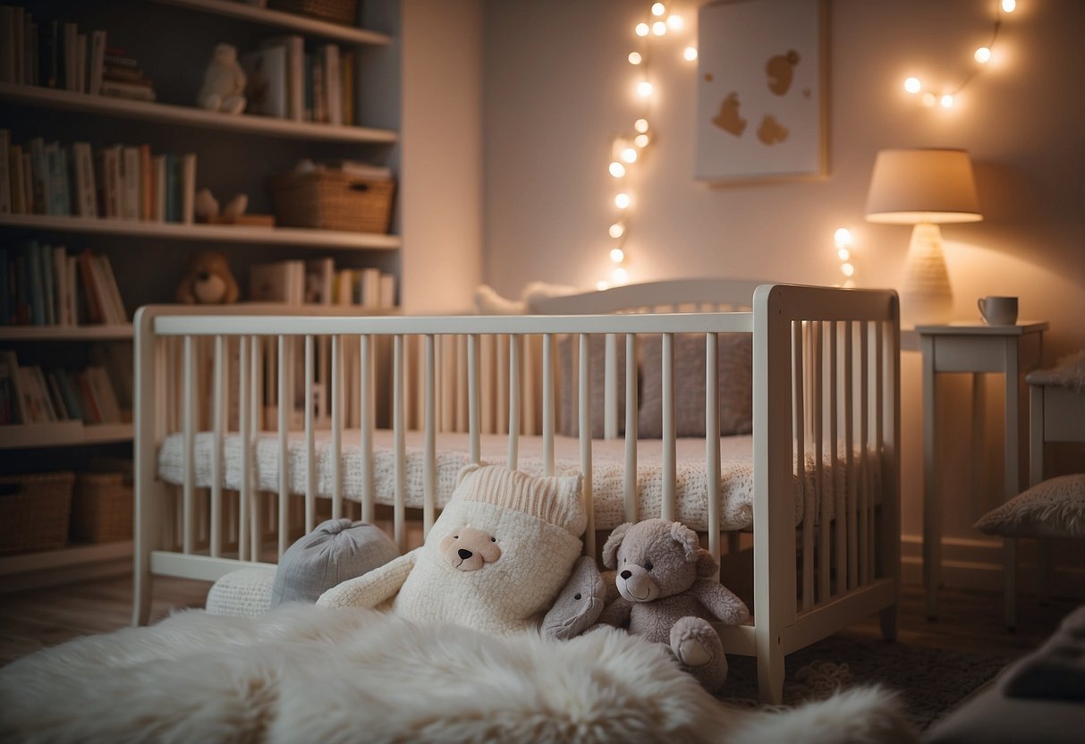 A cozy nursery with soft lighting, a comfortable crib, and soothing white noise. Books debunking newborn sleep myths on a shelf