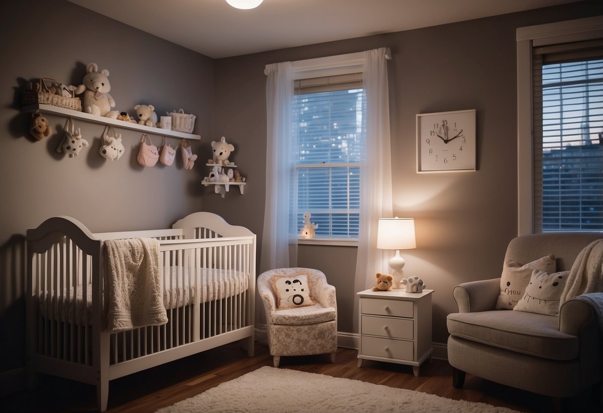 A cozy nursery with a soft, dim light, a gently rocking bassinet, and a clock showing bedtime. A soothing white noise machine hums in the background