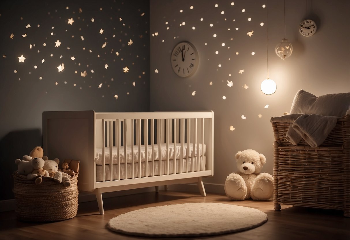 A cozy nursery with soft, dim lighting. A clock showing bedtime approaching. A crib with a sleeping newborn. A peaceful, calming atmosphere