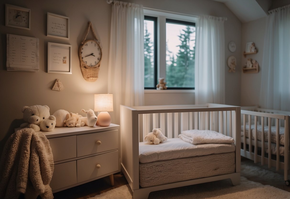 A nursery with soft, ambient lighting, a cozy crib with a white noise machine, a clock showing bedtime, and a checklist of 10 tips for establishing a newborn sleep routine