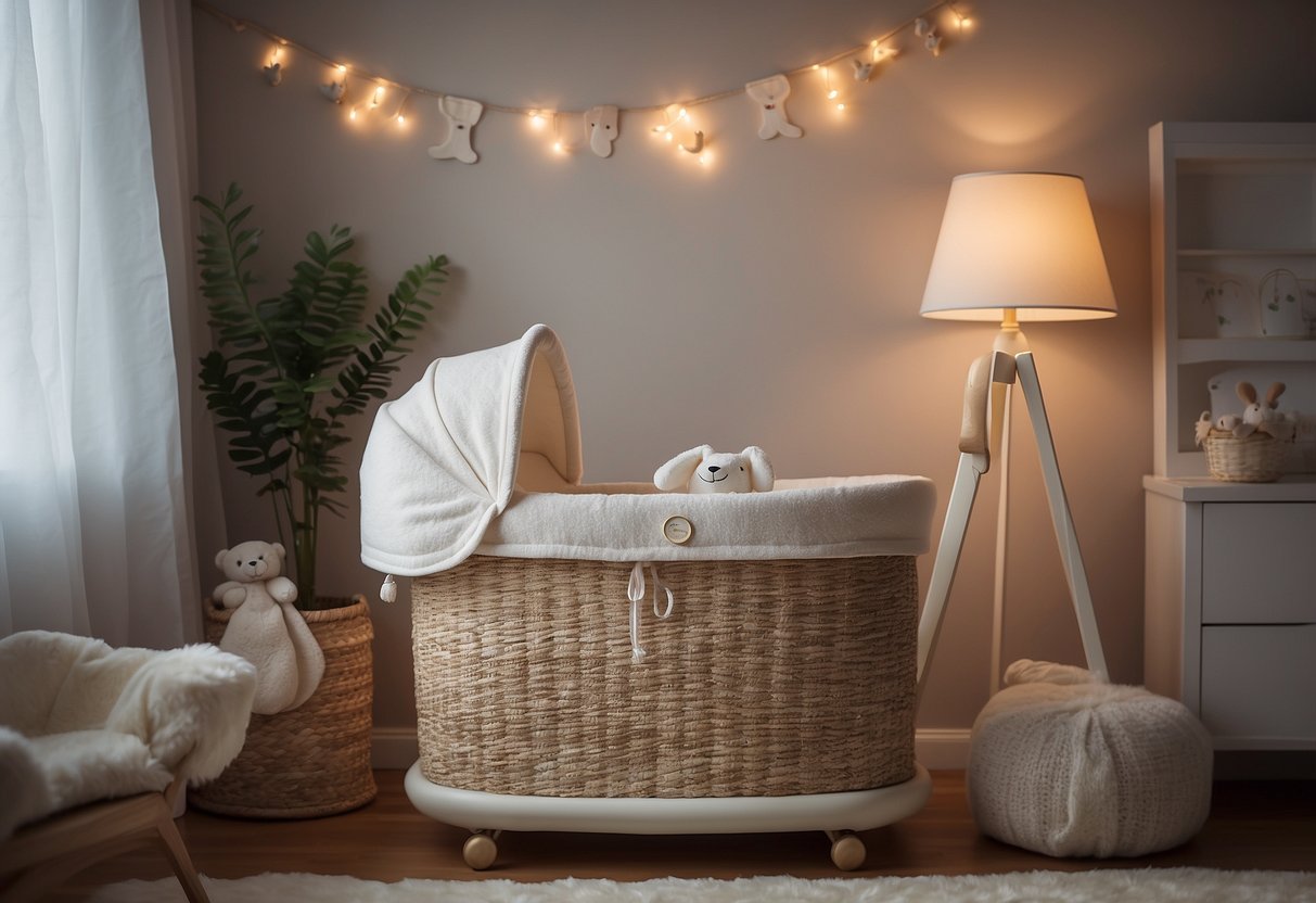 A cozy nursery with soft lighting, a gently rocking bassinet, and a sound machine playing soothing white noise. A thermometer on the wall reads a comfortable room temperature