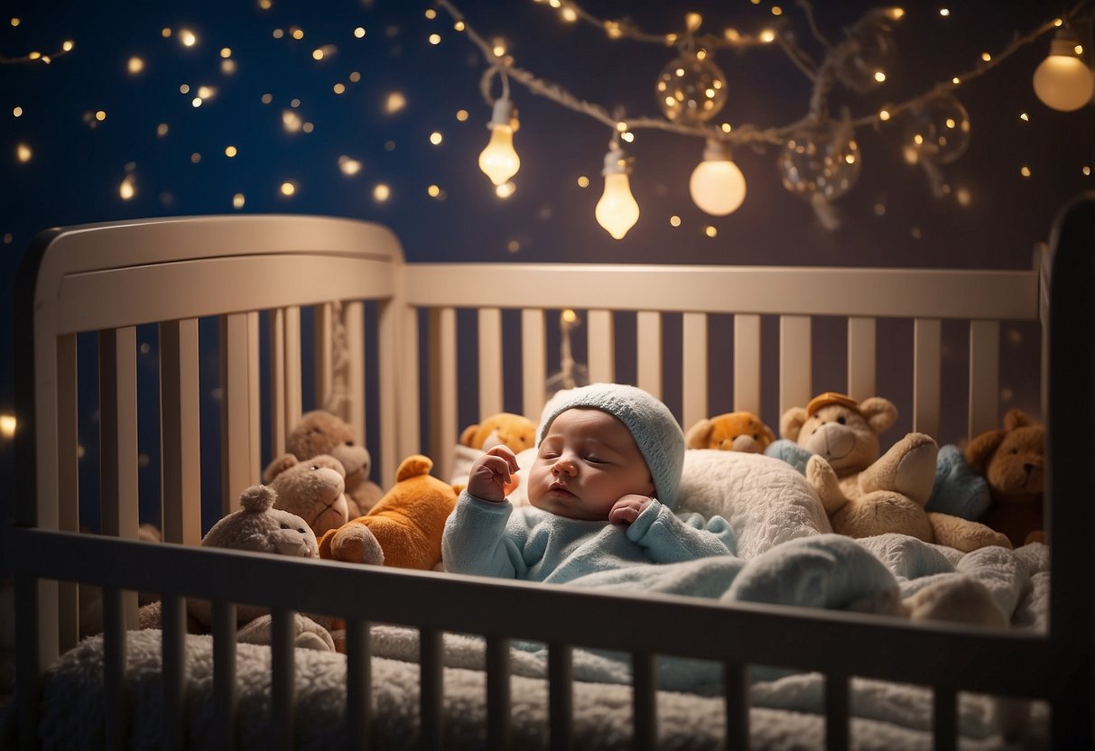 A baby crib with a restless newborn, surrounded by various items like a pacifier, a bottle, a stuffed animal, and a dim night light