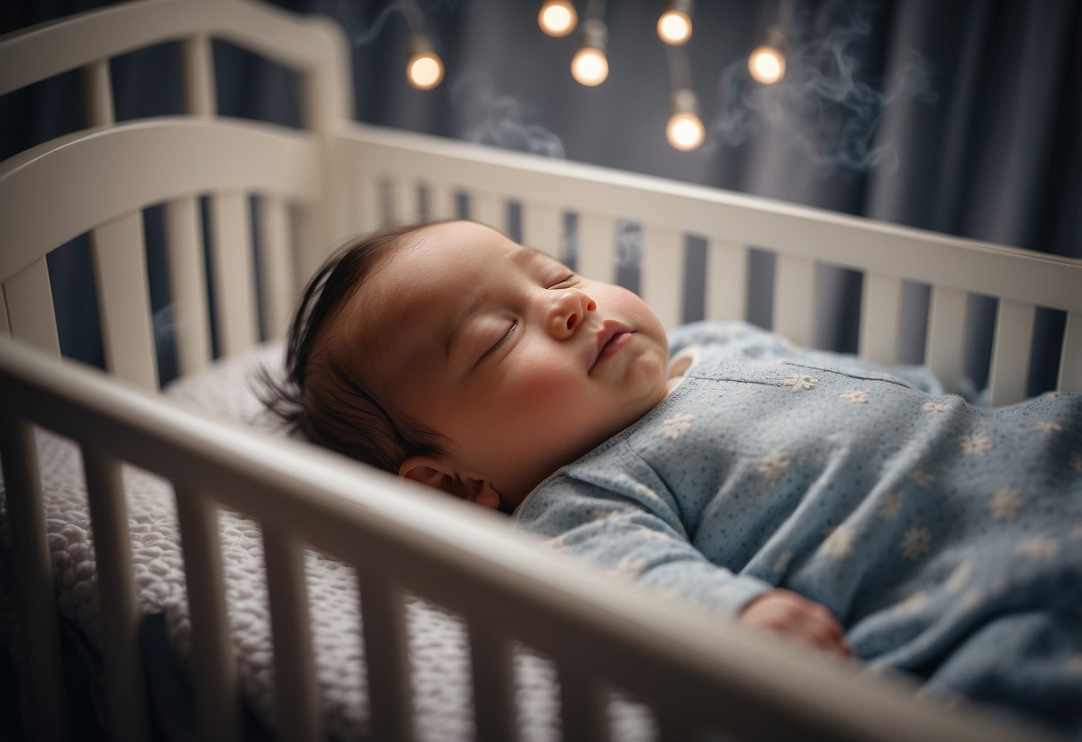 A baby sleeping in a crib with a firm mattress, fitted sheet, and no loose bedding. The room is cool, quiet, and free from smoke