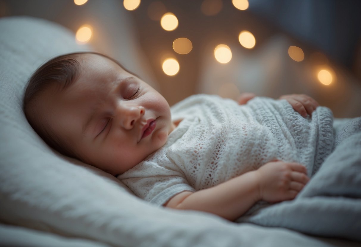 A baby sleeping peacefully in a crib with a light blanket, a fan in the room, and a room temperature of 68-72°F