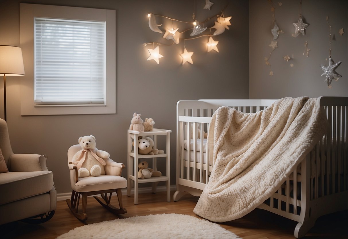 A cozy nursery with soft lighting and a rocking chair. A white noise machine hums in the background. A swaddle blanket and gentle rocking motion help the baby drift off to sleep