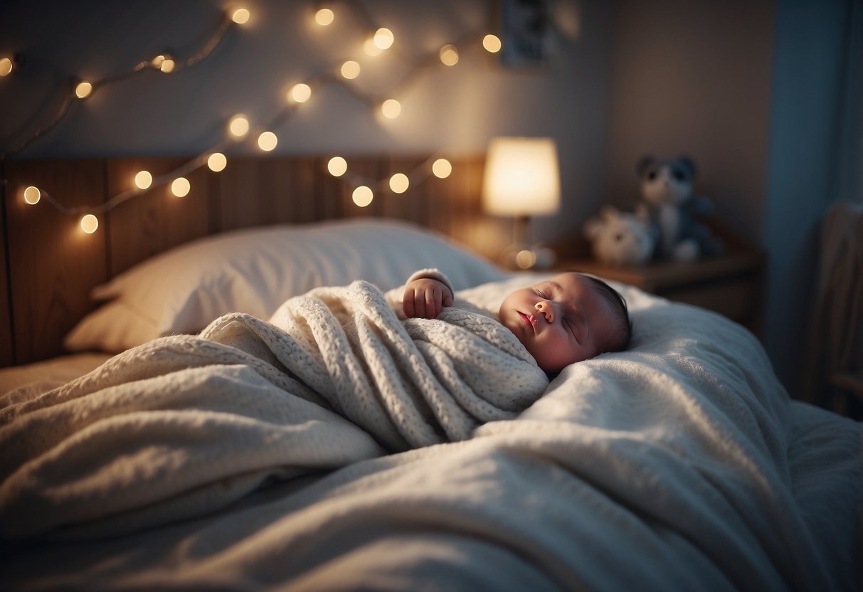 A serene nursery with a white noise machine and a sleeping newborn surrounded by soft blankets and dim lighting