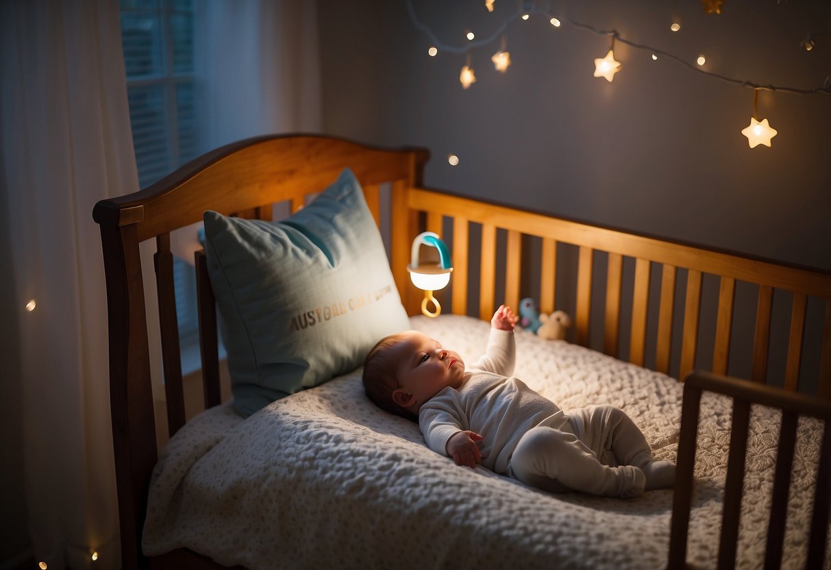 A baby's crib with a mobile overhead, dimmed lights, a sound machine, a swaddle blanket, a pacifier, a rocking chair, and a bedtime storybook on the nightstand