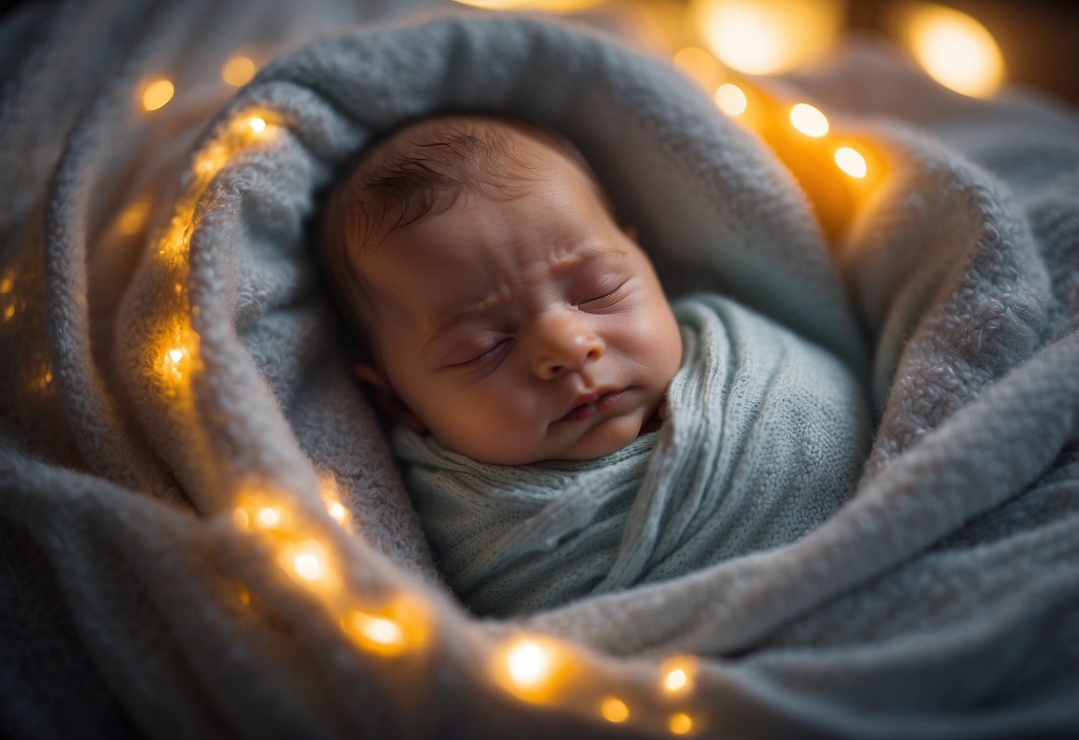 A cozy sleep sack surrounds a peacefully sleeping newborn, surrounded by a soft glow, with gentle music playing in the background