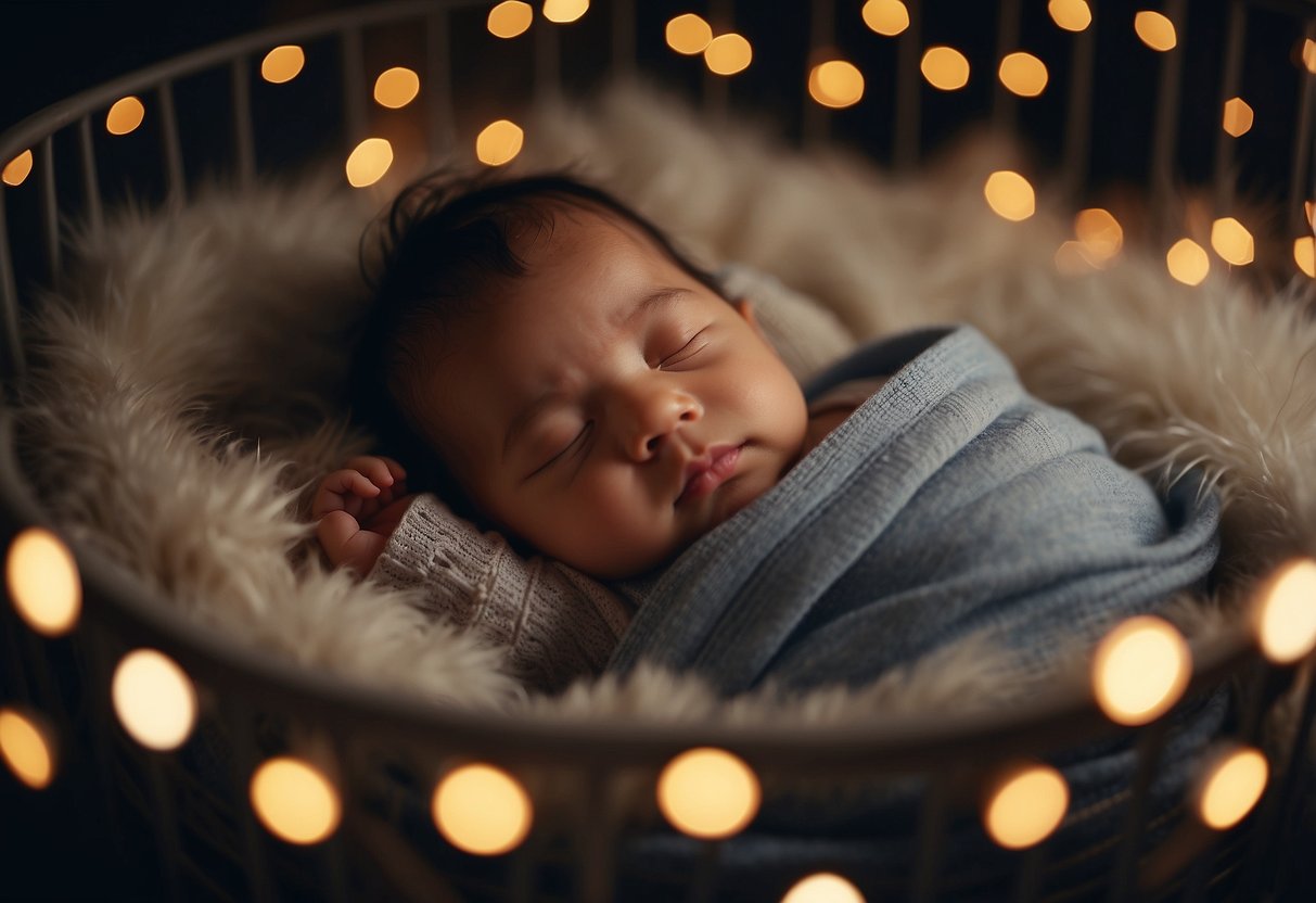 A peaceful baby sleeping in a cozy crib, surrounded by soft blankets and toys. The room is dimly lit and quiet, with a gentle sound machine in the background