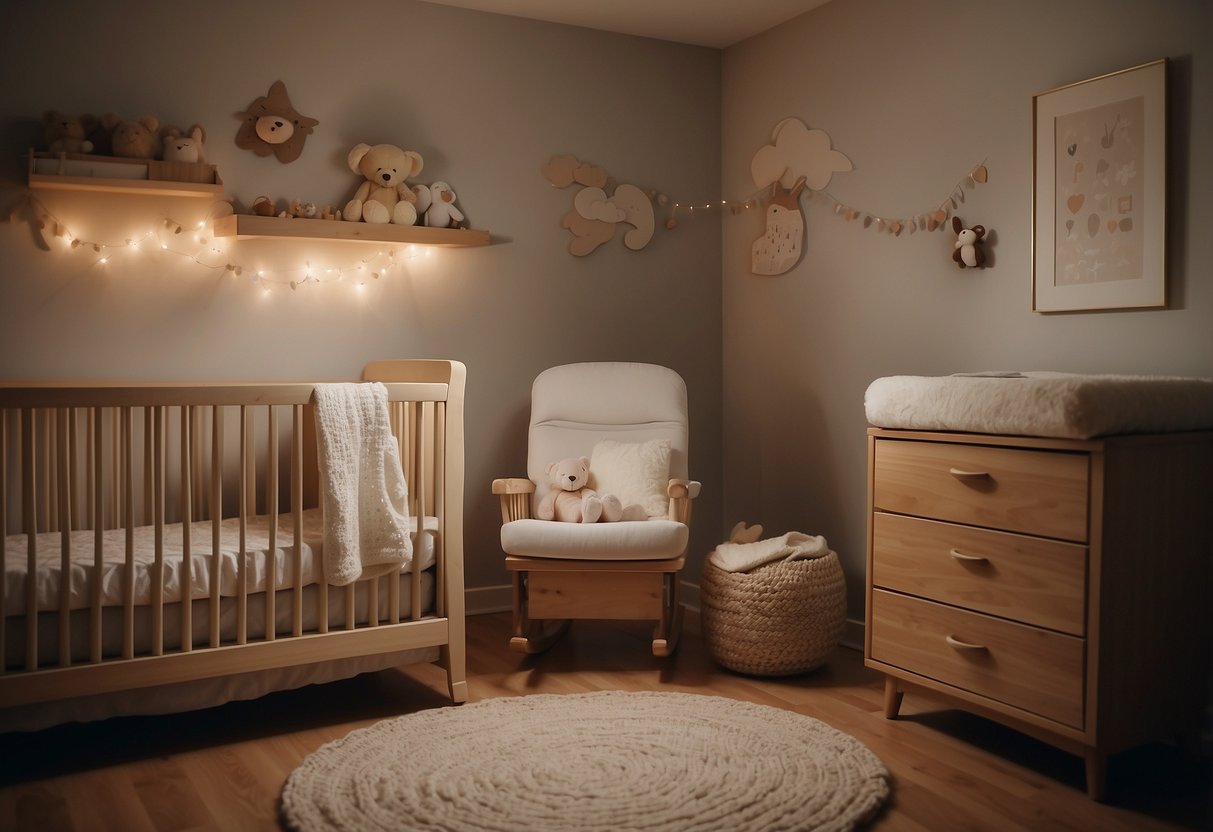 A peaceful nursery with dimmed lights, a cozy crib, and soft lullabies playing in the background. A gentle rocking motion lulls the newborn to sleep, with a comforting swaddle and a pacifier nearby