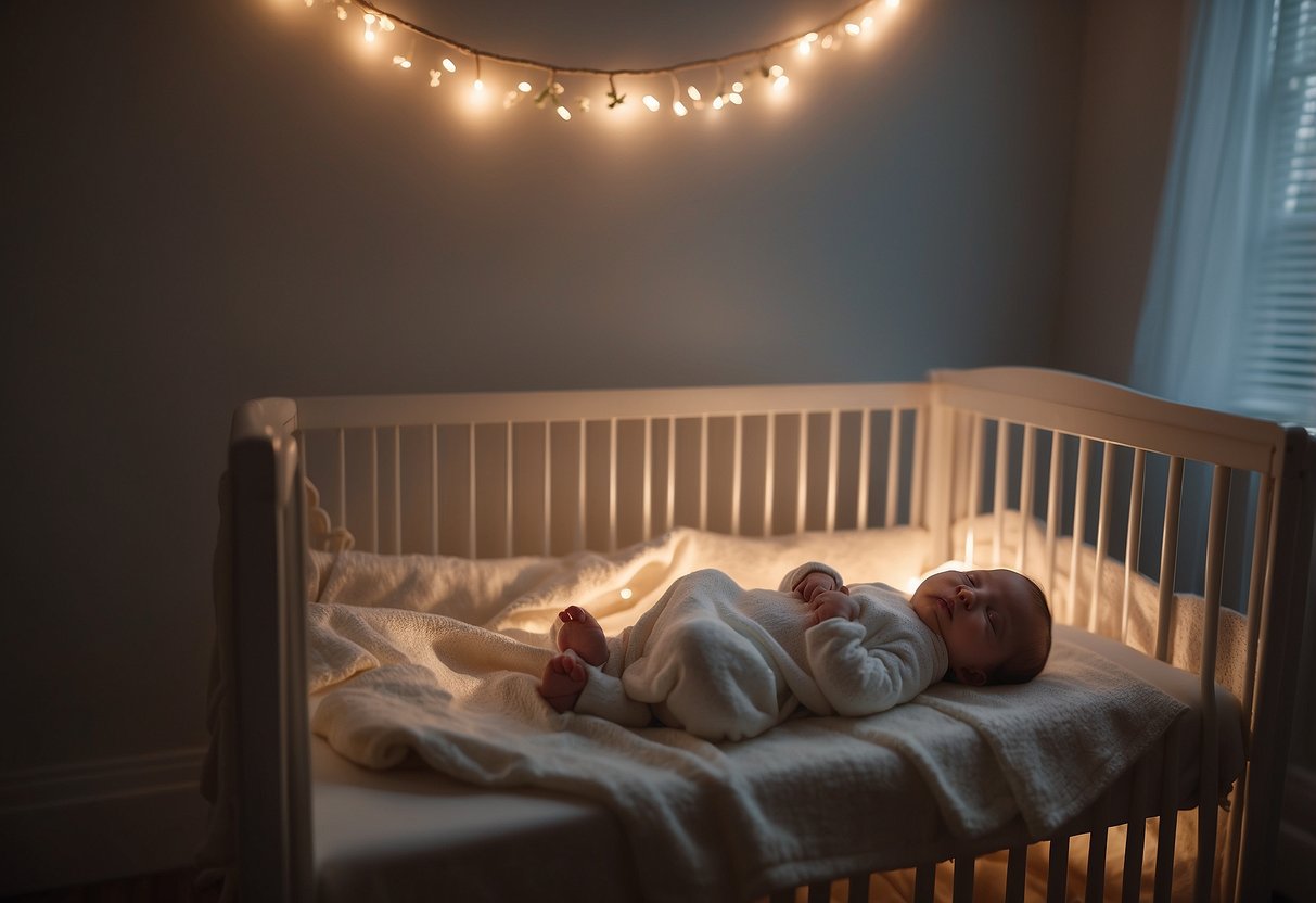 A peaceful, dimly lit nursery with a sleeping newborn in a cozy crib. Soft, ambient lighting creates a tranquil atmosphere, while gentle white noise fills the room, promoting a healthy sleep routine