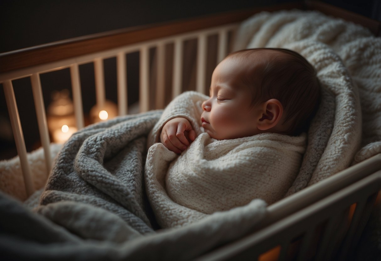 A peaceful, sleeping newborn nestled in a cozy crib, surrounded by soft blankets and comforting toys. The room is dimly lit, with a gentle lullaby playing in the background, creating a serene and soothing atmosphere