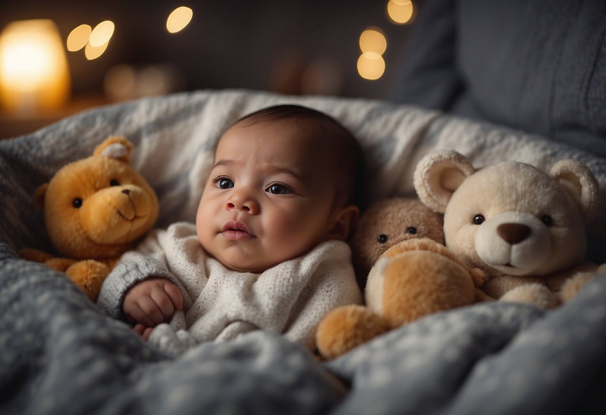 A peaceful baby lies in a cozy crib, surrounded by soft blankets and toys. The room is dimly lit, with a gentle lullaby playing in the background