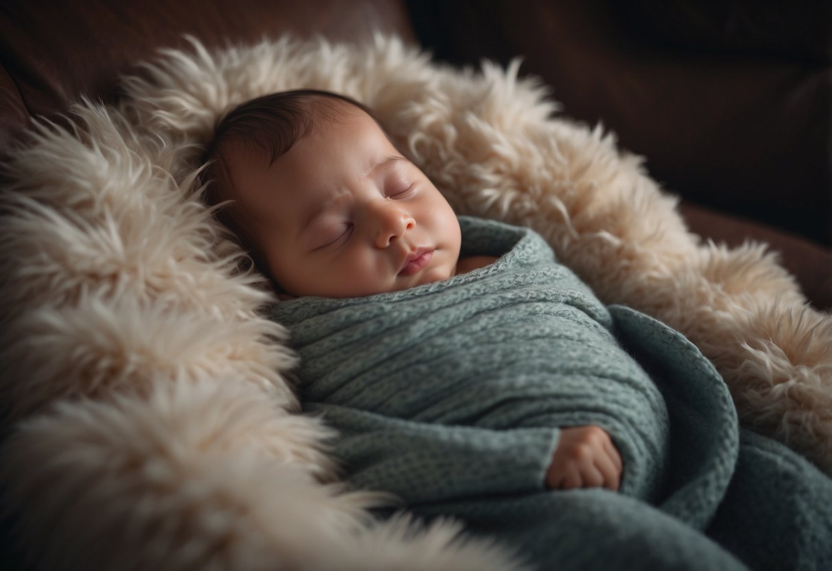 A peacefully sleeping baby surrounded by a cozy blanket, with a content expression and relaxed body posture, in a quiet and dimly lit room