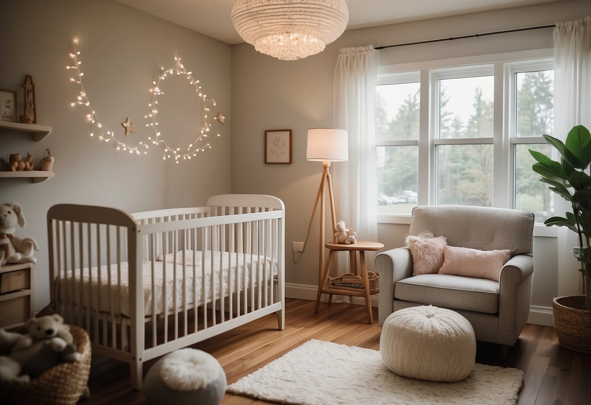 A peaceful nursery with soft lighting, a rocking chair, and a cozy crib. A mobile gently sways above, while a white noise machine hums in the background