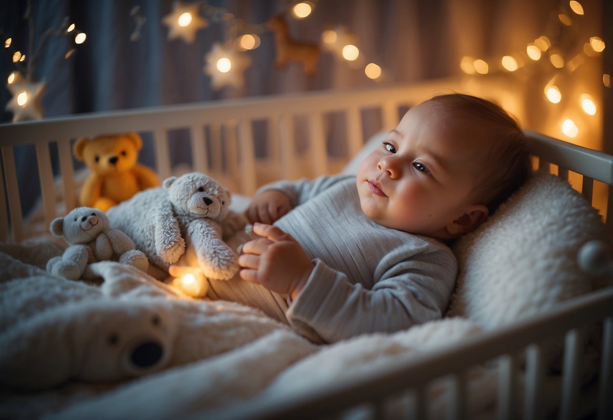 A peaceful baby lying in a cozy crib, surrounded by soft blankets and toys, with a gentle nightlight casting a warm glow in the room