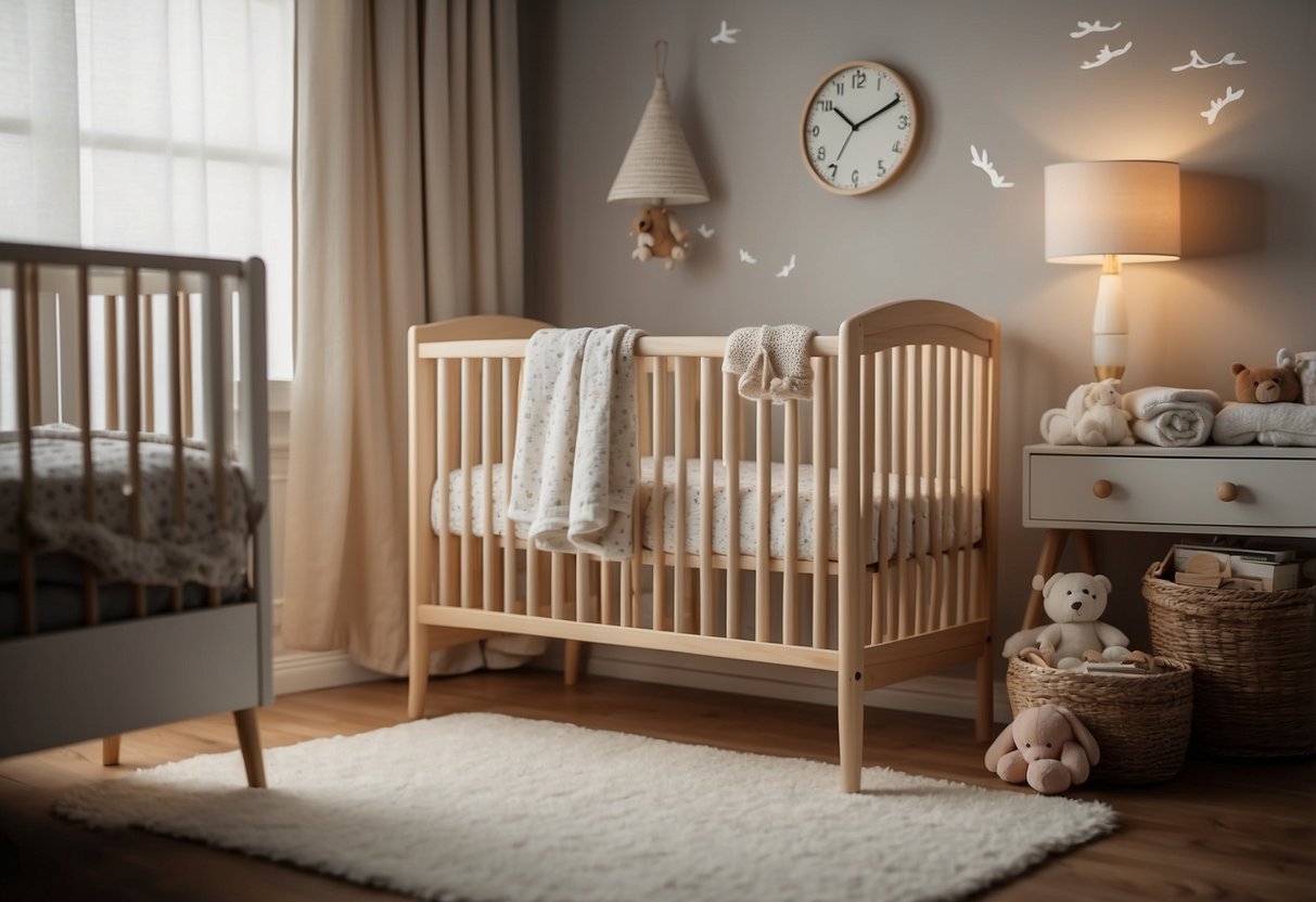 A cozy nursery with soft lighting, a comfortable crib, and soothing white noise. A clock showing a consistent bedtime. A calm, peaceful atmosphere