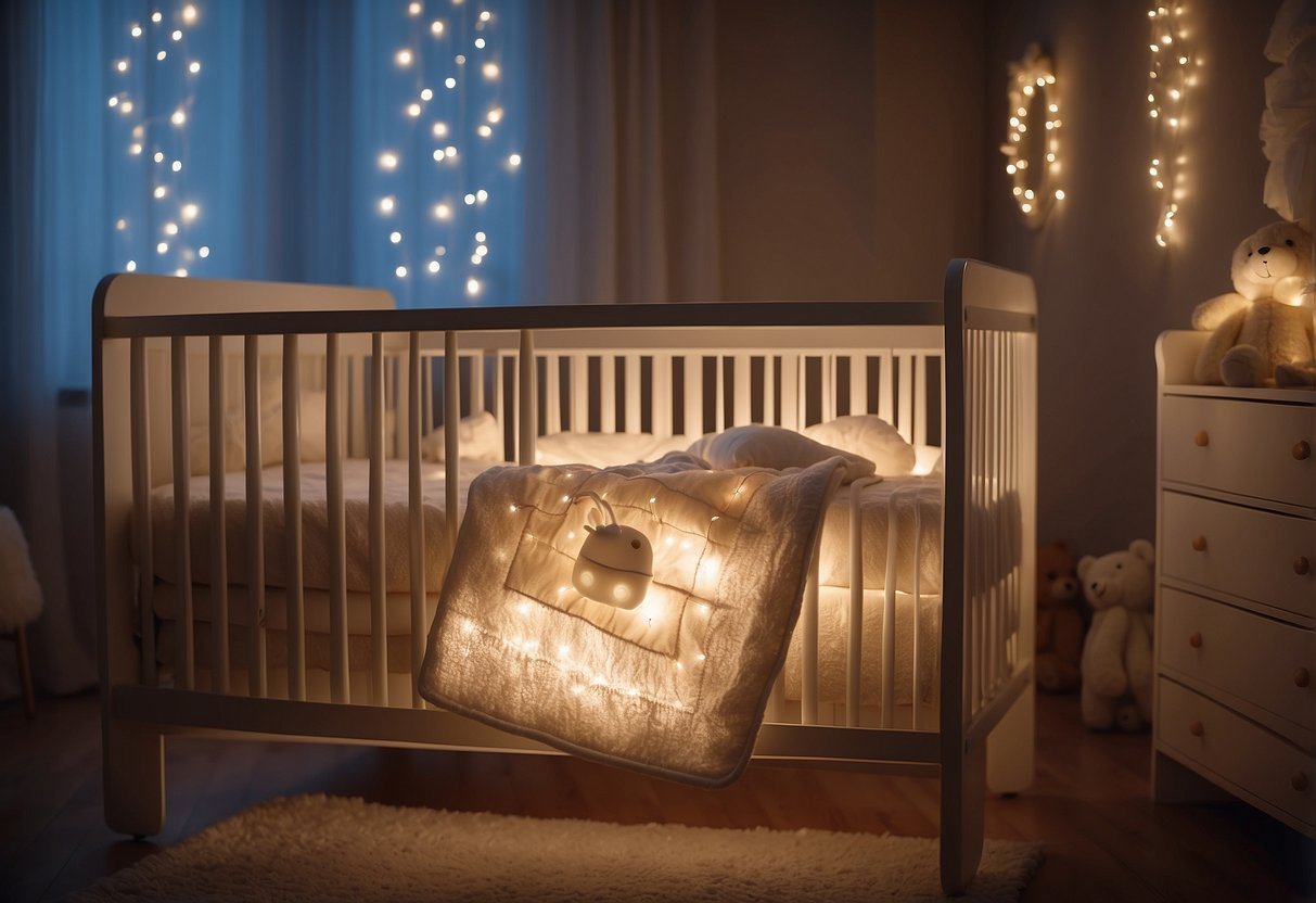 A dimly lit nursery with a crib and soft nightlight. A soothing sound machine plays gentle lullabies. A warm blanket is draped over the crib