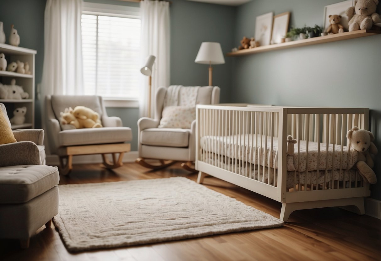 A nursery with a white noise machine, dimmed lights, and a rocking chair. A crib with a sleeping newborn and a bookshelf filled with bedtime stories