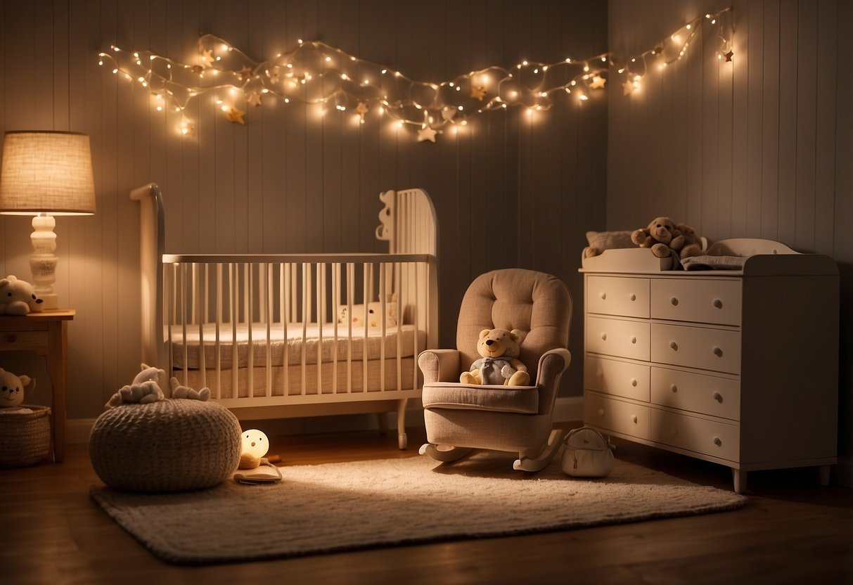 The room is softly illuminated, with a nightlight casting a warm glow. A crib sits in the corner, surrounded by a rocking chair and a small table with a bottle and pacifier