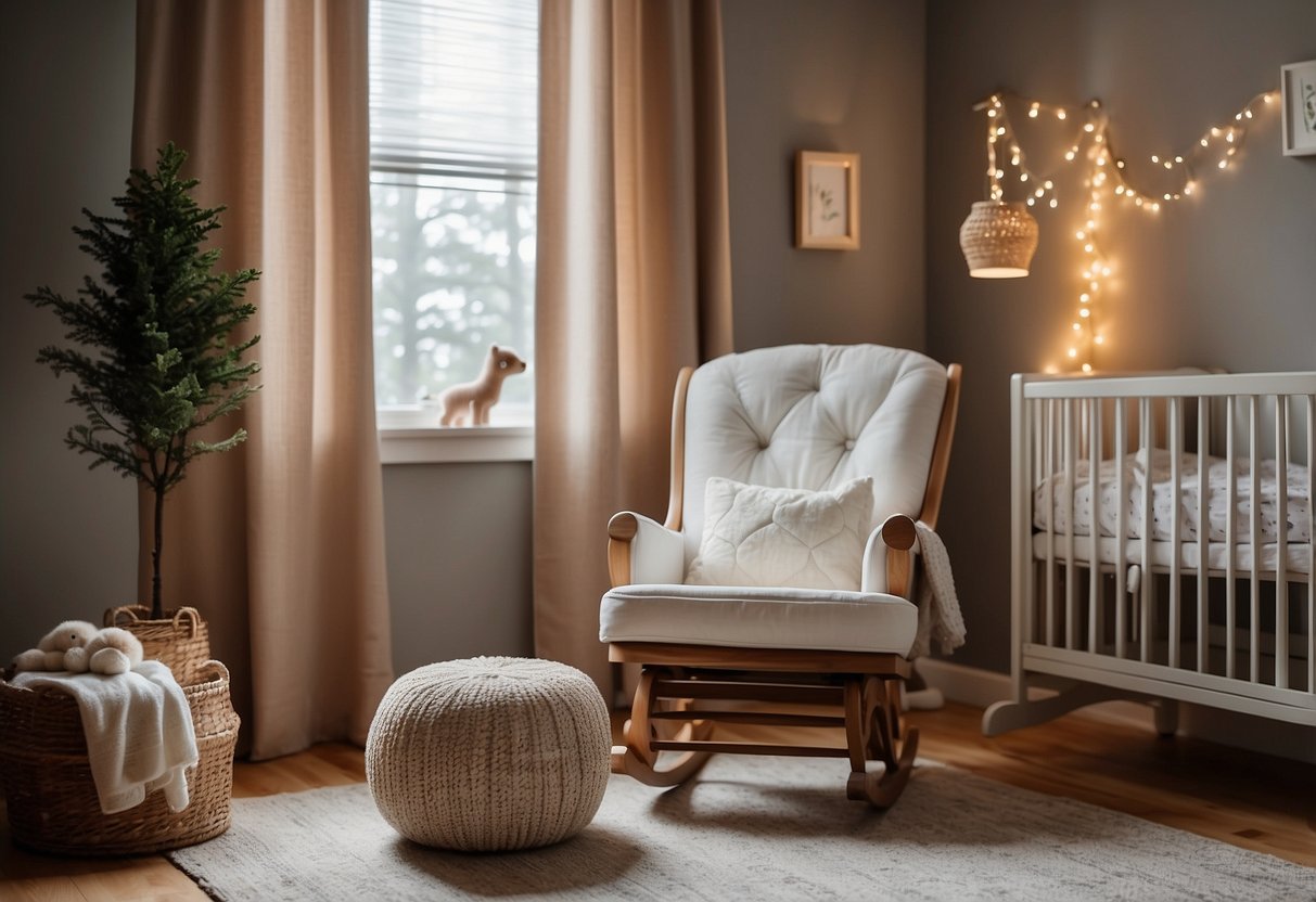 A cozy nursery with dim lighting, a comfortable rocking chair, and soothing white noise. A soft crib with a breathable mattress and a gentle mobile overhead