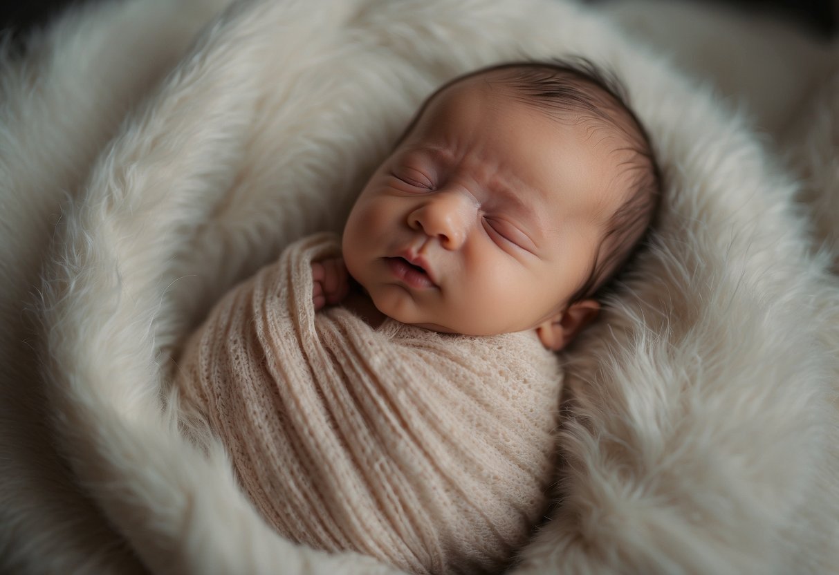 Newborn hiccups after feeding, tiny body curled up, small mouth open, eyes closed, gentle movements